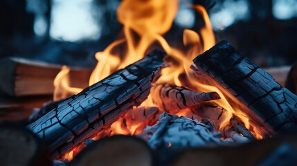 Close-up of burning firewood with bright orange flames and charred logs in an outdoor setting during nighttime.