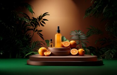 Two glass bottles with droppers on round podiums surrounded by sliced and whole oranges, greenery, and a soft orange background.