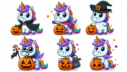 Cartoon Clipart set of  a funny Halloween unicorn, isolated on a white background 