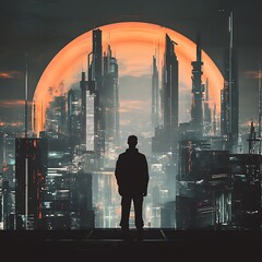 Wall Mural - A silhouette stands before a futuristic cityscape under a large, glowing orange sun.