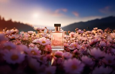 A perfume bottle sits in a field of pink flowers, with a hazy sunset sky in the background.