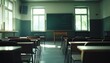 © Anastasiia - Empty high school classroom with vintage wooden desks and chairs ready for students