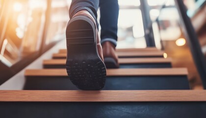 Young businessman sprinting up office stairs during workday, focused on success