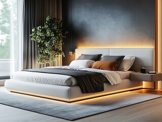 stylish modern bedroom featuring innovative design ideas, showcasing a cozy atmosphere with soft lighting, elegant furnishings, and a harmonious color palette, depicting a dream space for relaxation