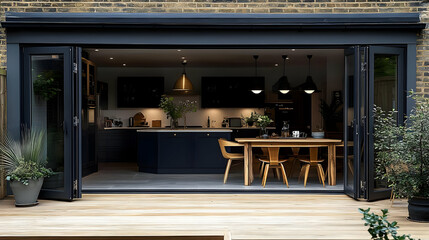 Wall Mural - Modern kitchen and dining area with open doors to outdoor space.