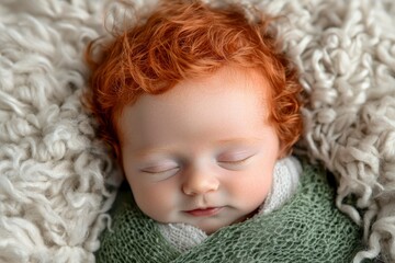 Sleeping Newborn Baby with Red Hair Wrapped in Green and White Fabric