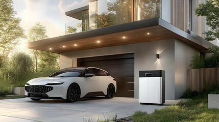 Poster - Modern home with a sleek car and stylish garage setup.