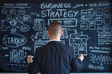 A man in a suit is writing on a blackboard with a business strategy