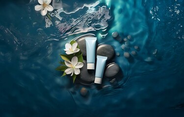 Two blue tubes of lotion rest on grey stones in rippling blue water with white flowers floating nearby.