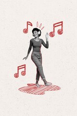 Poster - Composite trend artwork sketch photo collage of monochrome young woman carefree walk waving hello headphones listen music dance playlist