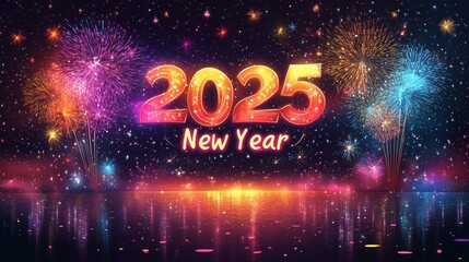 Sparkler 2025 text A vibrant and colorful firework illumination on dark blue sky background, happy new year 2025 concept