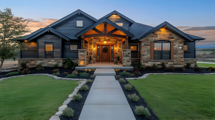 Poster - Modern home exterior with landscaped yard at sunset.