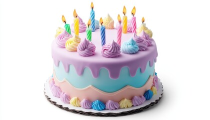 Colorful birthday cake with candles and festive frosting on a white backdrop