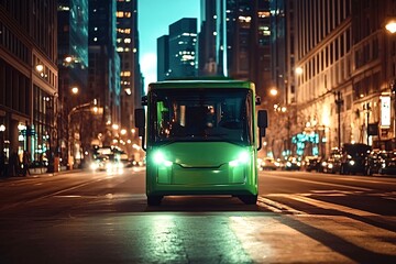 Modern electric green bus driving through city street at night