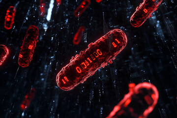 Red bacteria with digital code inside concept illustration.