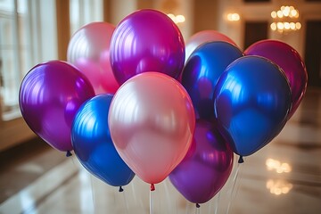 an imaginative birthday party with colorful balloons, festive decorations