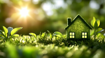 Poster - A miniature green house surrounded by fresh grass and sunlight.