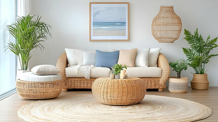 Poster - Cozy, modern living room with natural decor and plants.