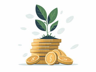 Flat design vector illustration of a stack of coins with a green plant sprout atop, symbolizing investment growth and financial prosperity, against a clean white background�ideal for business concepts