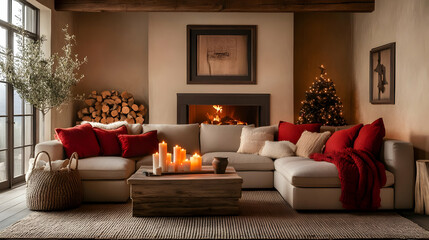 Wall Mural - Cozy living room with a warm ambiance and festive decor.