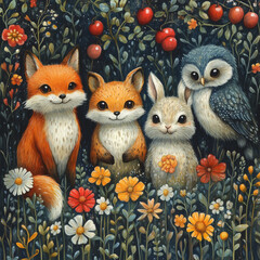 Naklejka na meble a hand-drawn woodland animal design with whimsical, detailed illustrations of foxes, owls, and rabbits generative AI (wall print & home decoration)