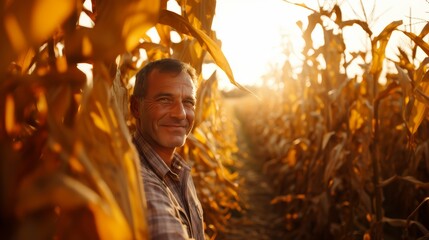 Farmer and agricultural occupation. Happy male worker working with corn at a field