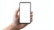 © Роберт Гастон - Close-Up of Hand Holding Smartphone Against White Background, Light Skin Tone with Phone in Vertical Orientation, Black Frame and Blank White Screen, Simple Minimalist Layout