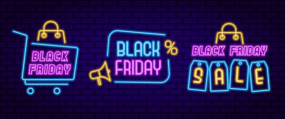 Neon element set for Black Friday. Vector illustration for creating sale promotions, retail advertisements and marketing visuals