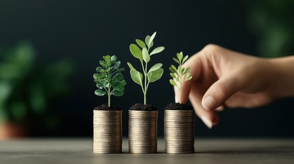 Wall Mural - Three stacks of coins with small plants growing on top of them, symbolizing financial growth and investment. A hand is gently touching the rightmost plant.