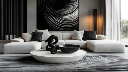 Wall Mural - Modern living room featuring minimalist furniture and decor.