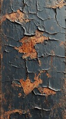 Weathered blue paint peeling off rusty metal surface, revealing layers of decay and oxidation in a captivating abstract pattern of textures and colors.