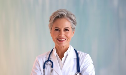 Confident female doctor, wearing white coat, smiling, stethoscope around neck, light blue background, professional medical portrait