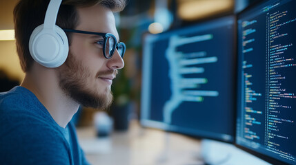 Tech professional with headphones coding A close-up shot of a young tech professional working in a modern office environment. He is wearing glasses and white headphones while focus