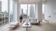 © AlexPhototest - minimalist modern living room featuring plush sofa, large windows, and stunning city view. bright space is complemented by natural light and simple decor, creating serene atmosphere