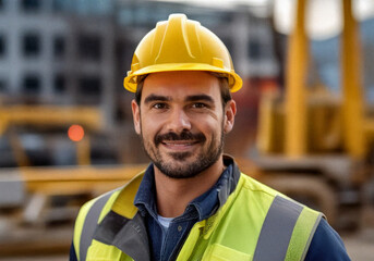 Close-up portrait of a smiling middle-aged male civil engineer wearing a yellow hard hat and reflective safety vest on a construction site. Engineer created with artificial intelligence.