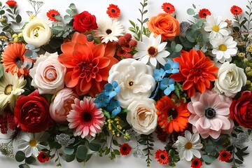 Colorful flat lay of various wildflowers on white background for decoration.