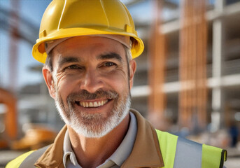 Close-up portrait of a smiling middle-aged male civil engineer wearing a yellow hard hat and reflective safety vest on a construction site. Engineer created with artificial intelligence.