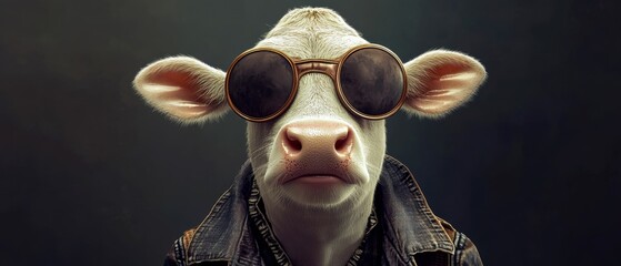 A stylish cow wearing sunglasses and a leather jacket posing against a dark background.