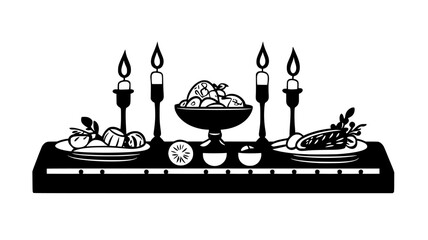 Wall Mural - Candlelit table set for dinner with traditional foods, vector illustration art