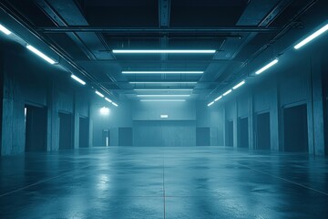 Empty industrial hallway with fluorescent lighting and closed doors