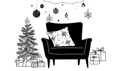 Wall Mural - Embroidered throw pillow on armchair with holiday decorations in the background, vector illustration art