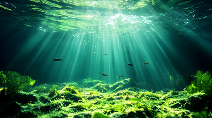 Wall Mural - Underwater scene with sunlight rays illuminating aquatic plants.