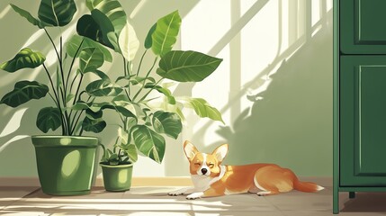 Poster - A peaceful corgi lounging in warm sunlight next to vibrant green plants in a cozy, serene indoor space