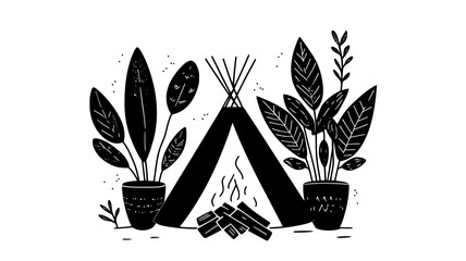 Wall Mural - Tiny tent pitched in houseplant with campfire made of toothpicks, vector illustration art