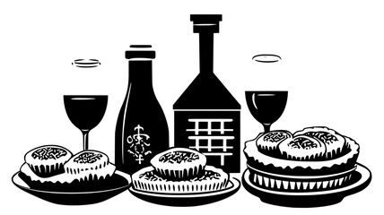 Wall Mural - Tray with mince pies and sherry placed by chimney, vector illustration art