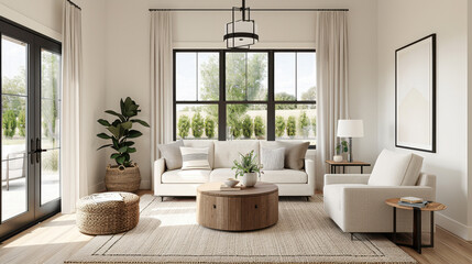 modern living room featuring clean lines, large windows, and natural light. space includes comfortable sofa, round coffee table, and decorative plants, creating serene atmosphere