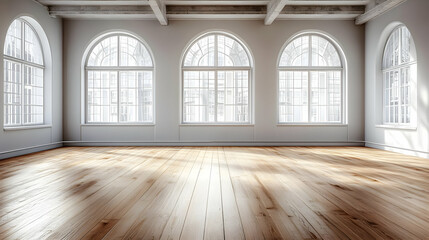 Sticker - Bright, spacious interior with large arched windows and wooden floor.