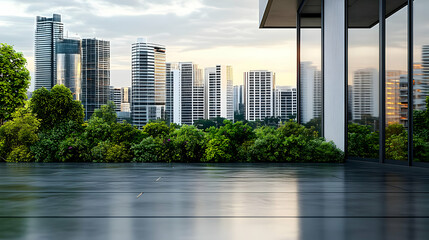 Wall Mural - Modern urban skyline with green surroundings at sunset.