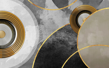 3d illustration mural wallpaper. black, gray, beige and golden circles. modern background wall decor