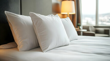 Poster - Cozy hotel bed with white pillows and soft lighting.